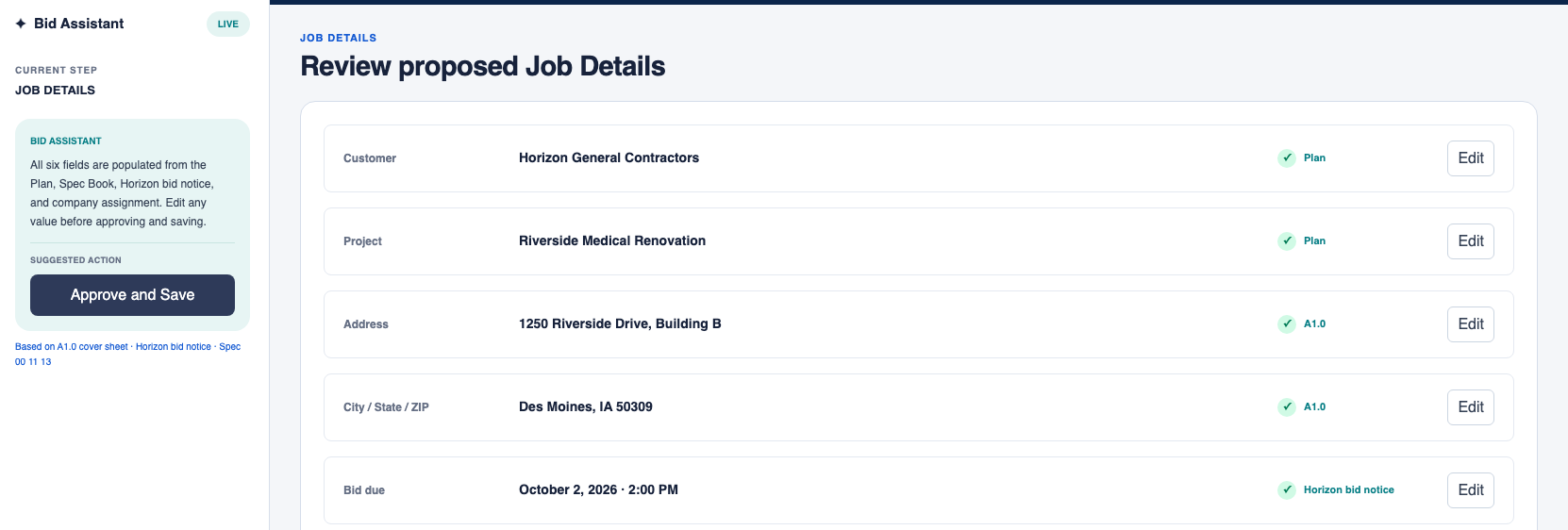 Bid Assistant guidance alongside proposed job details and their document sources.