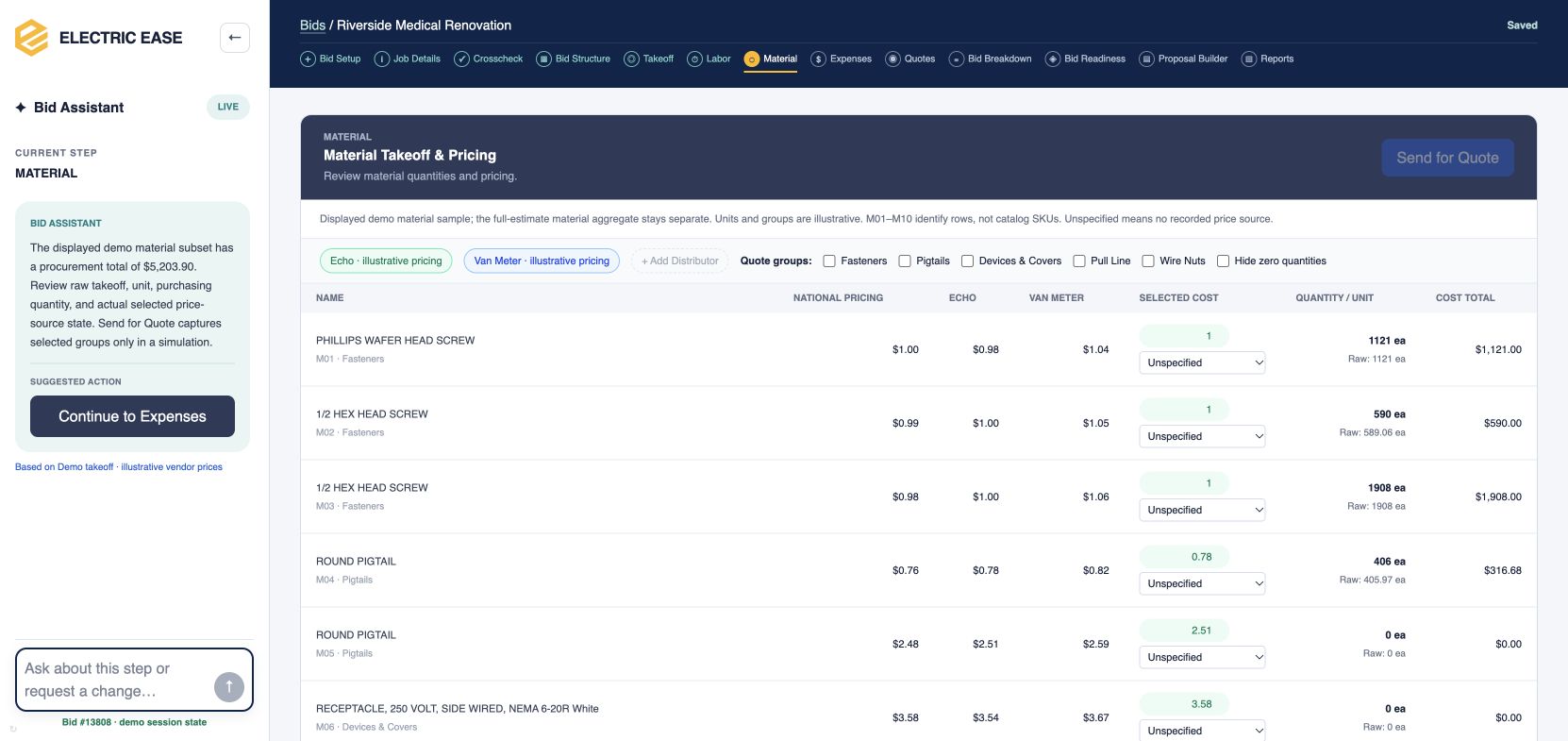 Product preview: review material quantities, procurement units and illustrative vendor pricing.
