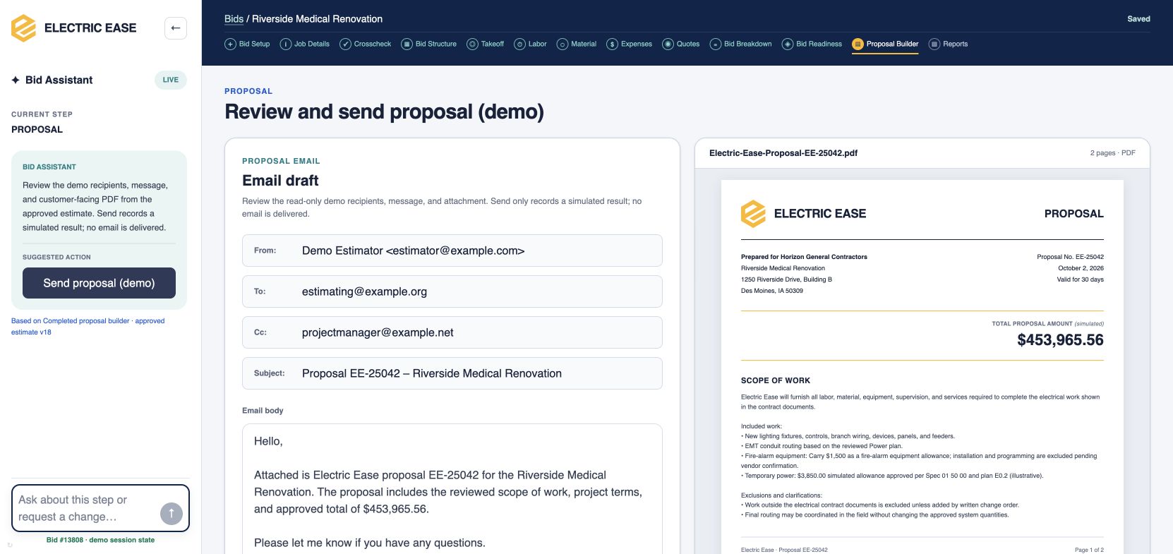 Product preview: review the proposal document and draft message before sending.